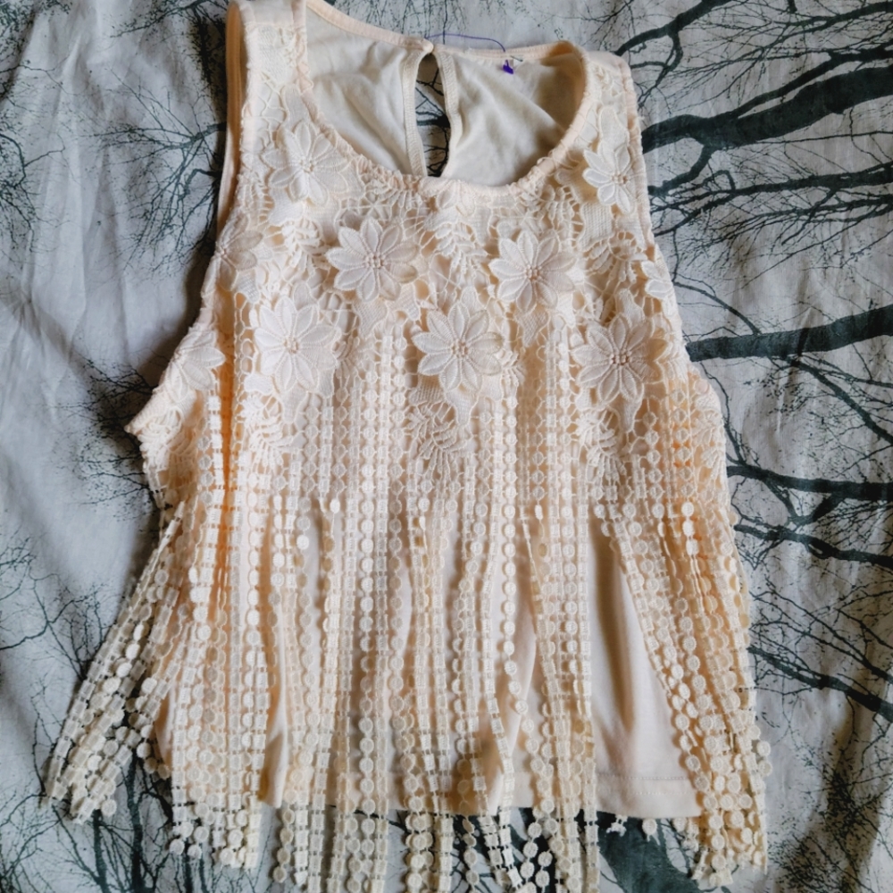 Cream fringe crop top
